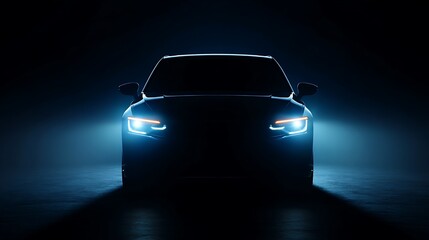 Sleek modern car design front view with bright headlights in the dark automotive industry concept image