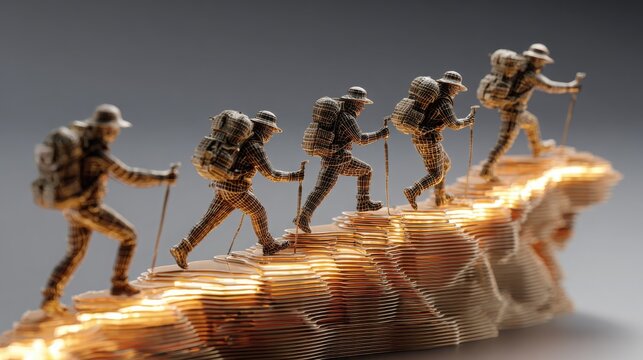 Group of people standing on a mountain peak surrounded by scenic nature for motivation and team building activities