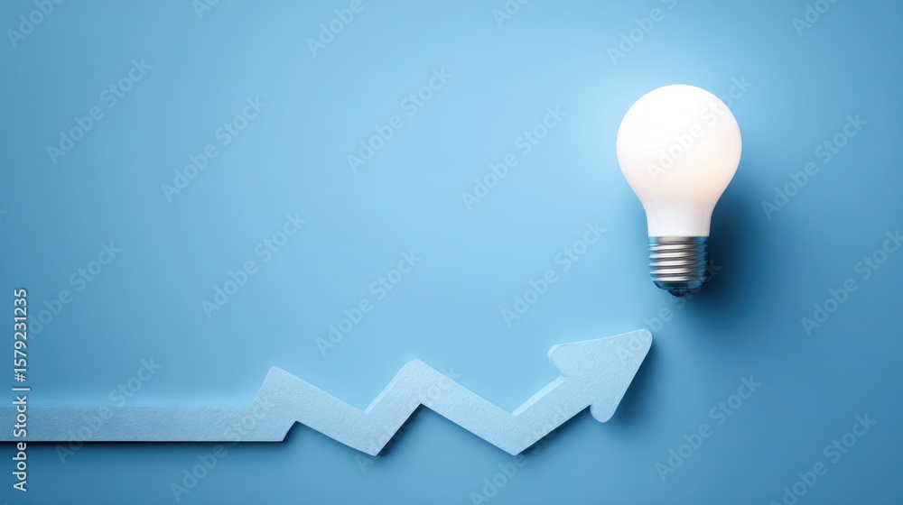 Poster creative concept of a light bulb with a paper arrow symbolizing optimism and the flow of innovative 