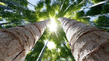 Looking up through tall bamboo stalks towards the bright sun with a clear blue sky