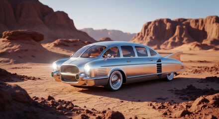 Obraz premium Futuristic Silver Car with Fins in Desert Landscape Headlights On.