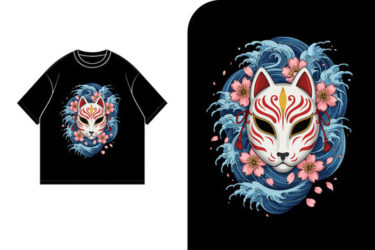 A black t-shirt design featuring a Japanese Kitsune mask surrounded by ocean waves and cherry blossoms.