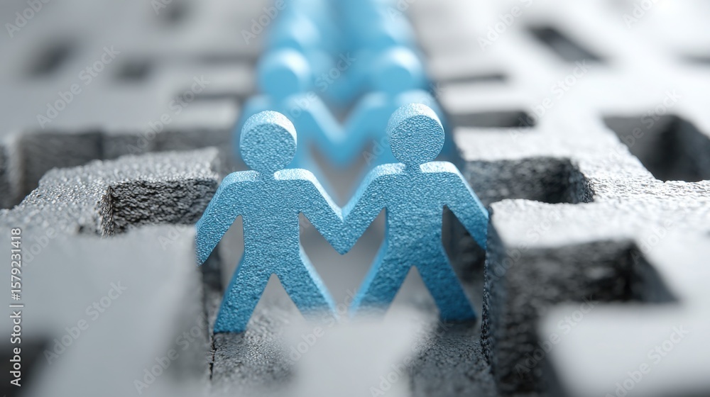Poster two people standing on a maze representing a performance calibration grid concept in an abstract lay