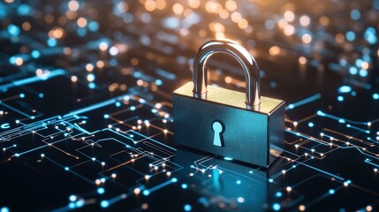 Close-up of a modern padlock with a keyhole on a digital circuit board background symbolizing cybersecurity and data protection