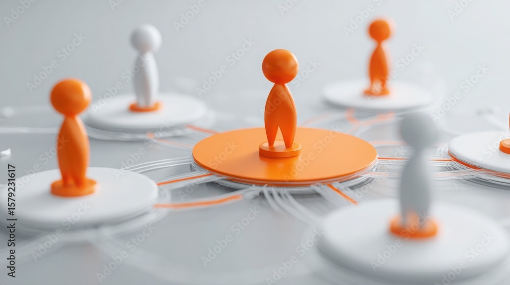 Poster a group of orange figures gathered together illustrating proactive strategy hub and engaging team ic