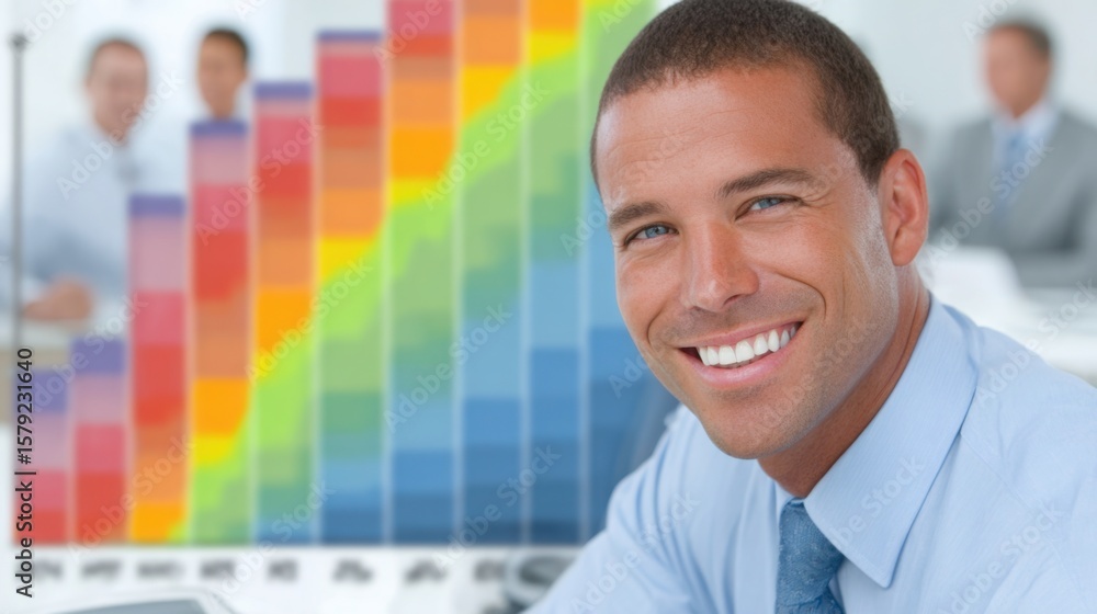 Aufkleber professional man smiling in front of colorful chart representing positive attitude and team collabor