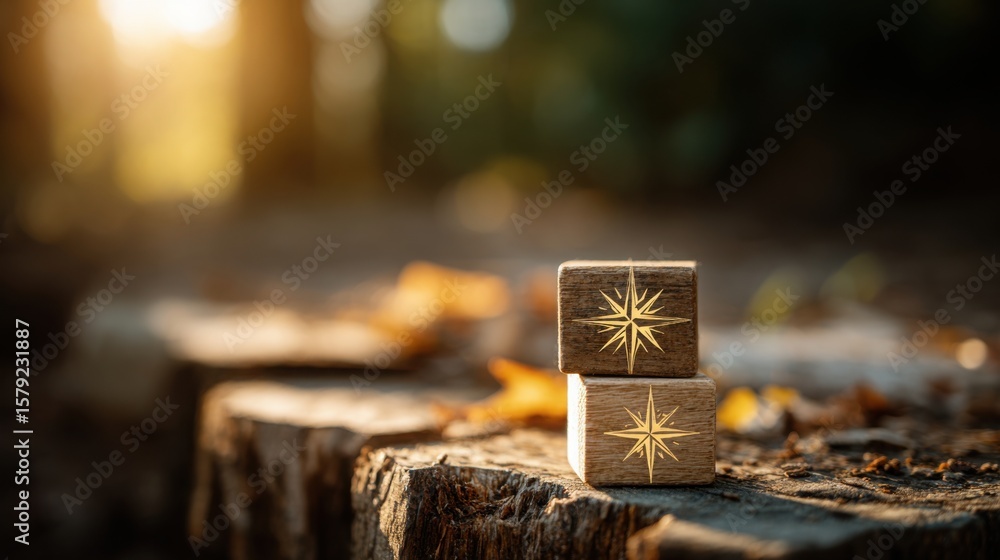 Aufkleber wooden block featuring star design symbolizing purpose-driven team concept and compass icon shared b