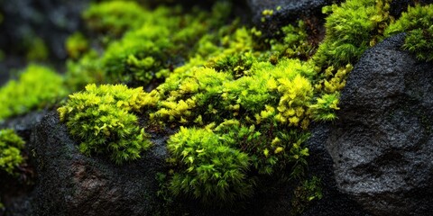 Close up of bright green moss growing on a dark textured rock surface in a natural environment