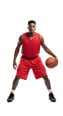 Dynamic Young Basketball Player in Red Uniform Ready for Action on the Court, PNG Isolated on Transparent Background