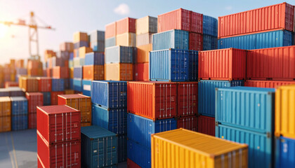 Global Trade Hub: A vibrant tableau of intermodal shipping containers at a bustling port, symbolizing international trade and global logistics.