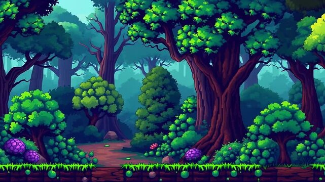 8 bit 2D Video Game Background. 8-bit Pixel Art Retro Platformer Game Scene. Enchanted Forest Pixel Art: A Lush Digital Landscape, Video Game Animation