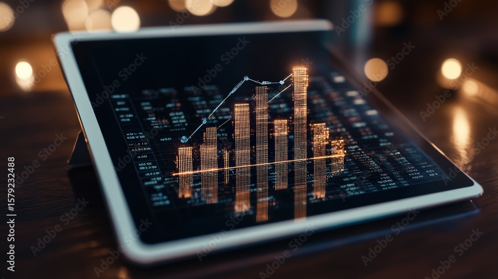 Poster modern digital tablet displaying analytical financial data with graphs and charts for investment ana