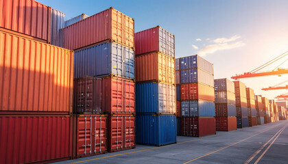 Fototapeta premium Shipping Containers at Port: Rows of colorful shipping containers stand neatly stacked at a bustling port, bathed in the golden light of the setting sun, signifying global trade and logistics.