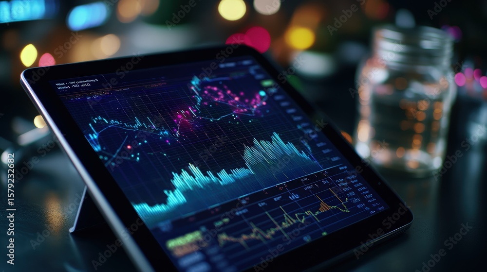 Aufkleber close-up of a digital tablet displaying colorful financial stock charts with data analysis and marke