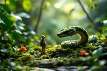 Tiny adventurer encounters moss covered snake in an enchanting miniature forest