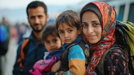 A refugee family arriving at a border station seeking asylum and being welcomed by aid workers