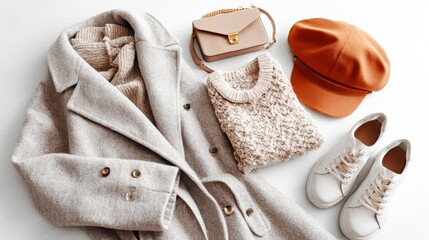 Flat lay of autumn women&rsquo;s fashion outfit with warm coat, cap, and sneakers on white background.