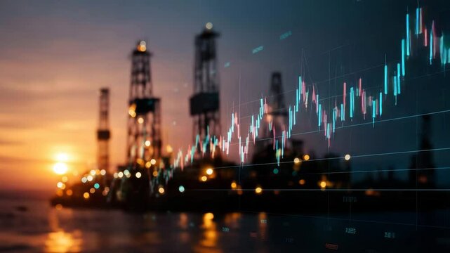 City skyline with a sunset in the background.close-up of oil stock line graph intersecting with silhouette of oil rigs, digital overlay, minimal infographic ,oil exploration stocks