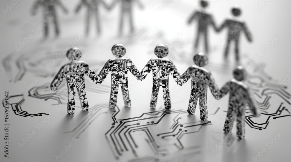 Poster a group of people standing on a circuit board symbolizing smart team synergy and ai inspired collabo