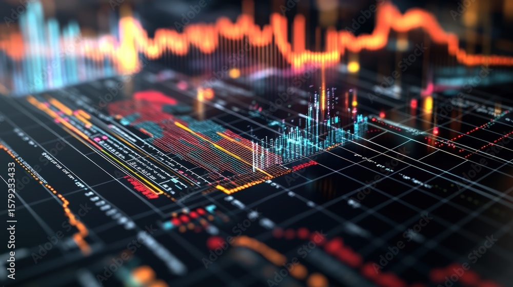 Poster detailed view of colorful financial stock market data with charts graphs and digital trading interfa