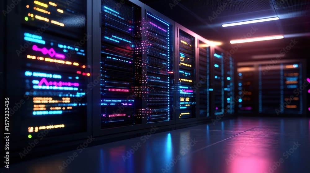 Aufkleber modern data center with server racks illuminated by colorful led lights in a high-tech storage facil