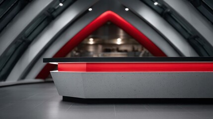 Obraz premium Modern reception desk with textured counter and red accents in a minimalist architectural space