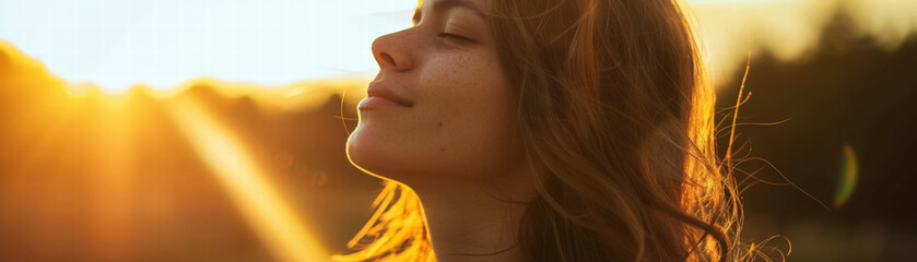 Young woman enjoying warm sunlight with closed eyes and peaceful expression