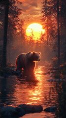 Natural Setting Featuring a Bear Fishing in a Freshwater Stream Wallpaper