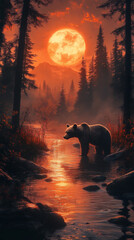 Riverbank Wildlife Scene with Bear Catching Fish Wallpaper