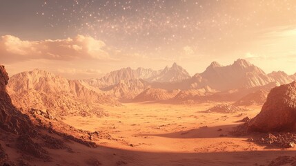 Ethereal Martian Vista: A Panoramic Exploration of a Crimson Desert Planet