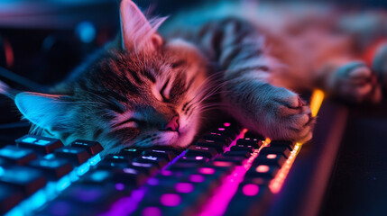 Lazy cat with folded ears lounging on an illuminated gaming keyboard, RGB lights reflecting in its fur
