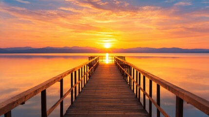 Fototapeta premium Serene sunset view from a wooden pier extending into calm waters, mountains in background