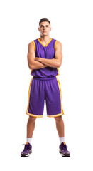 Young Basketball Player in Purple Jersey with Confident Stance Ready for Competition, PNG Isolated on Transparent Background