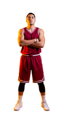 Dynamic Basketball Player in Red Uniform Showcases Athleticism and Confidence in Studio Portrait, PNG Isolated on Transparent Background