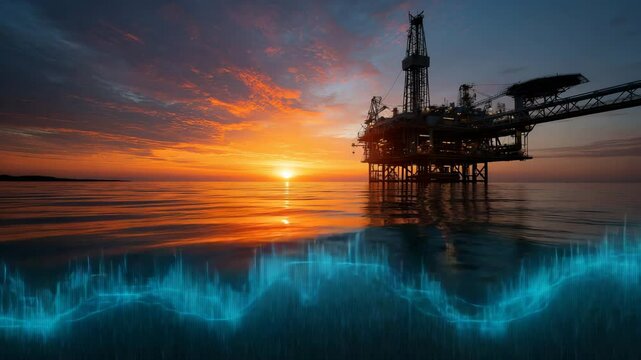 Large oil rig is floating in the ocean. The sky is orange and the sun is setting. editorial-style of offshore rig at sunset, digital graph overlay,oil exploration stocks