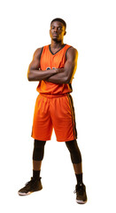Confident Basketball Player Posing with Crossed Arms in Vibrant Orange Uniform and Black Shorts, PNG Isolated on Transparent Background