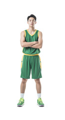Dynamic Portrait of a Young Male Basketball Player in a Green Jersey Ready for Action, PNG Isolated on Transparent Background