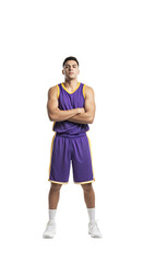 Confident Young Basketball Player in Purple Jersey Displaying Team Spirit and Athleticism, PNG Isolated on Transparent Background