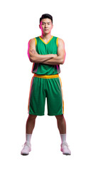 Dynamic Basketball Player in Action: A Young Athlete Showcasing Skill and Determination in a Vibrant Green Uniform, PNG Isolated on Transparent Background
