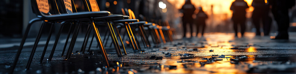 Empty Metal Chairs on Wet Street at Sunset