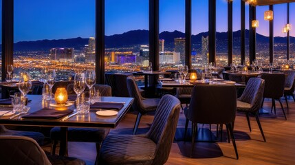 Elegant restaurant interior with city skyline view at dusk, featuring modern decor and ambiance