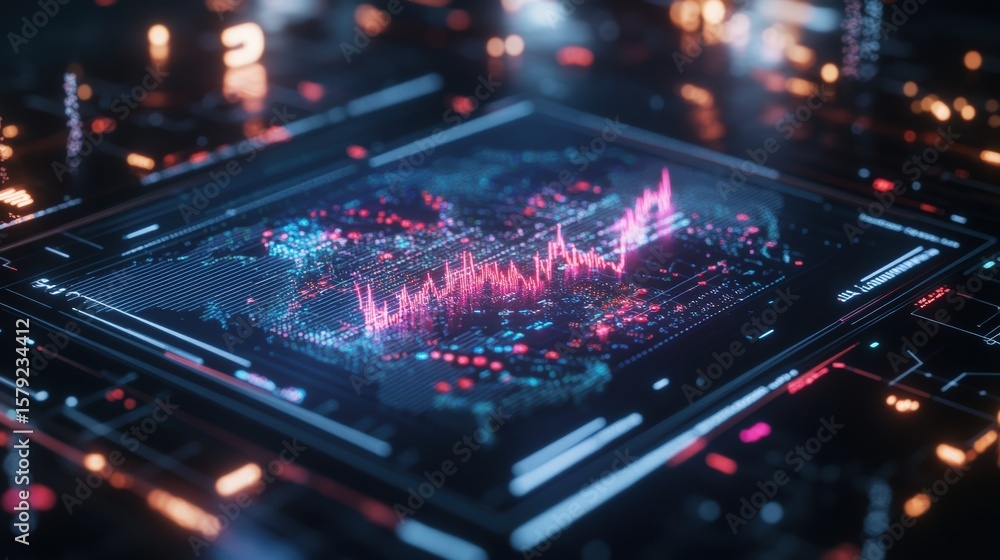 Poster digital data visualization with bright graphs and futuristic technology elements on a high tech scre