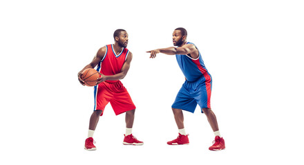 Intense Basketball Match: Two Players Engaged in a Spirited Game on the Court, PNG Isolated on Transparent Background