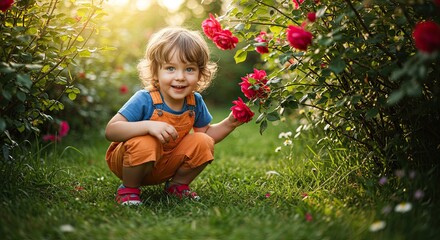 Young child crouching near red roses enjoys a sunny day in the garden