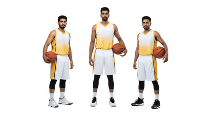Dynamic Basketball Players in Energetic Poses Showcasing Team Spirit and Athleticism, PNG Isolated on Transparent Background