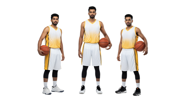 Dynamic Basketball Players in Energetic Poses Showcasing Team Spirit and Athleticism, PNG Isolated on Transparent Background