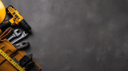 A collection of construction tools and equipment arranged on a textured gray background