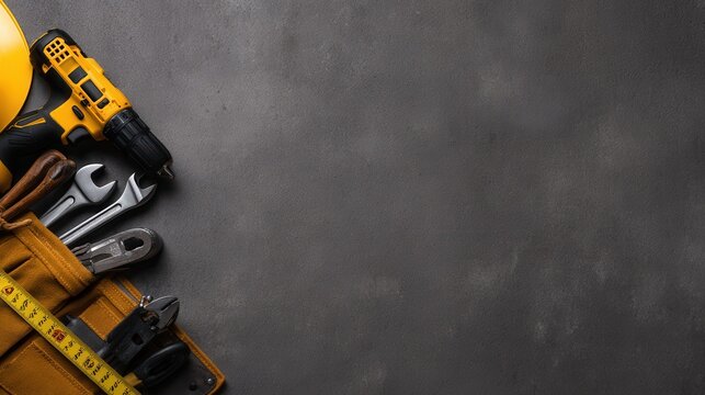A collection of construction tools and equipment arranged on a textured gray background