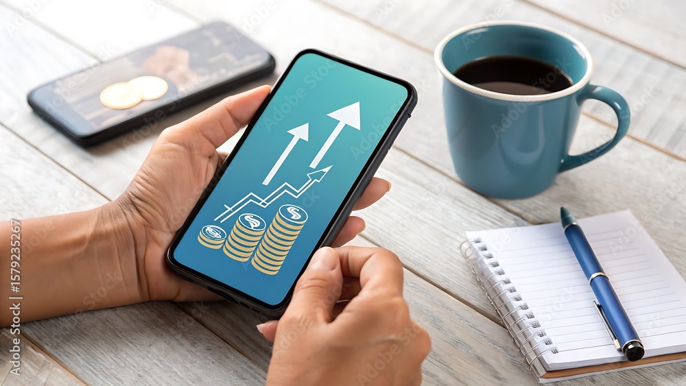 Poster person utilizing mobile device showing growth chart, near coffee and notepad, emphasizing strategy a