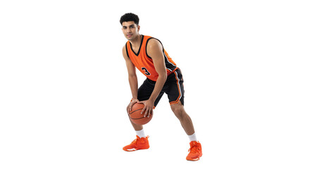 Energetic Young Male Basketball Player with a Basketball in Action Pose, Ready to Attack the Hoop, PNG Isolated on Transparent Background